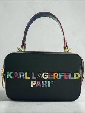 Karl Lagerfeld Black Leather Crossbody with Multicolor Studded Logo